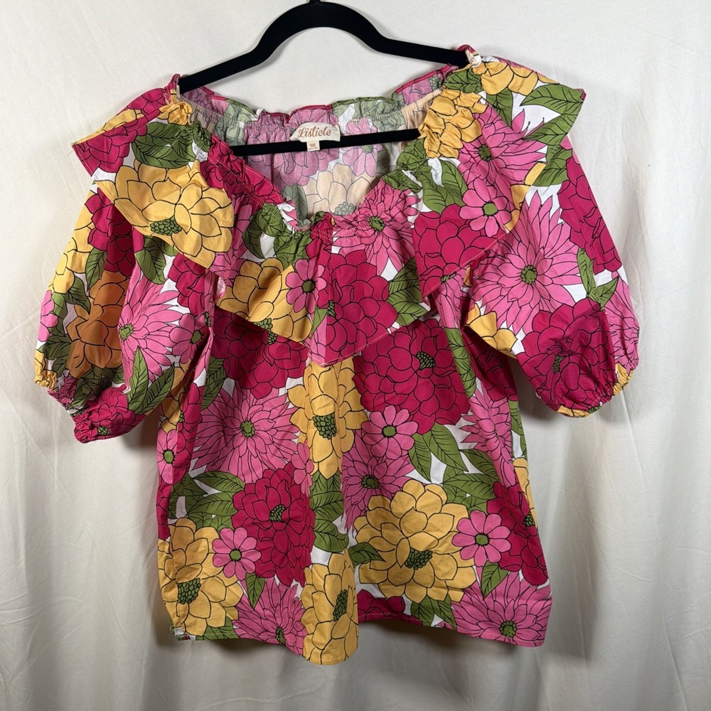 Listicle Women's Medium Floral Blouse Pink Yellow Puff Sleeve Boho Top